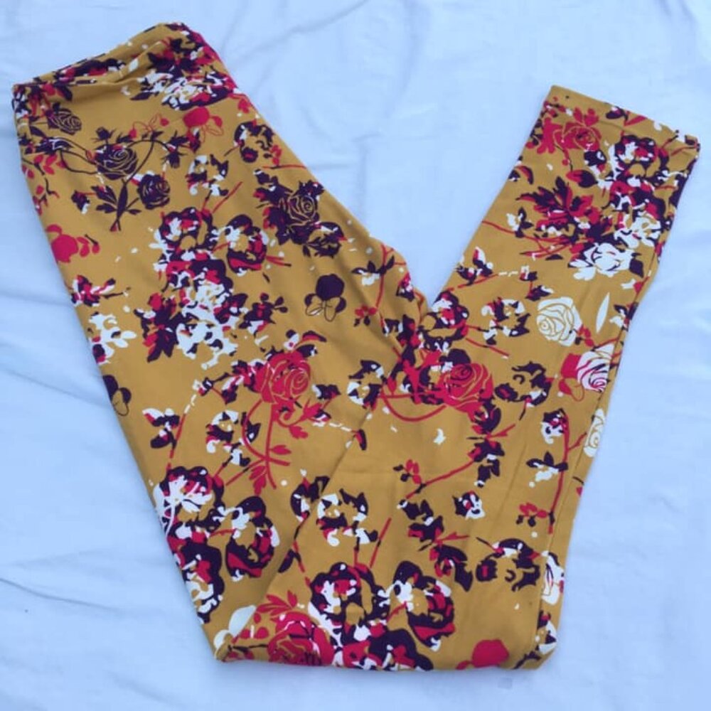Disney OS One Size Leggings LulaRoe Floral Roses Hidden Mickey Minnie Yellow 3